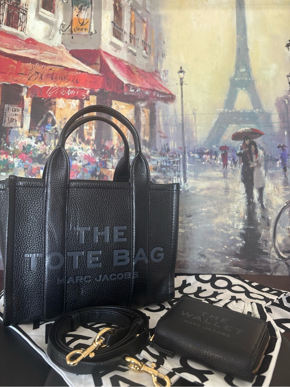 Marc Jacobs Black Pebbled Leather The Tote Bag with Wallet & Strap